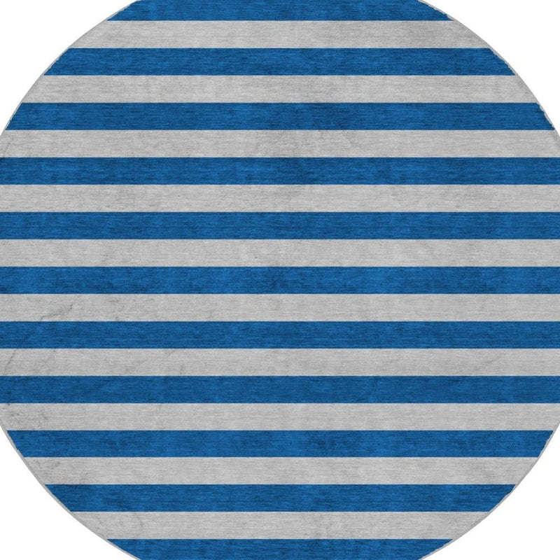 8' Blue And Gray Striped Shag Washable Round Rug With UV Protection