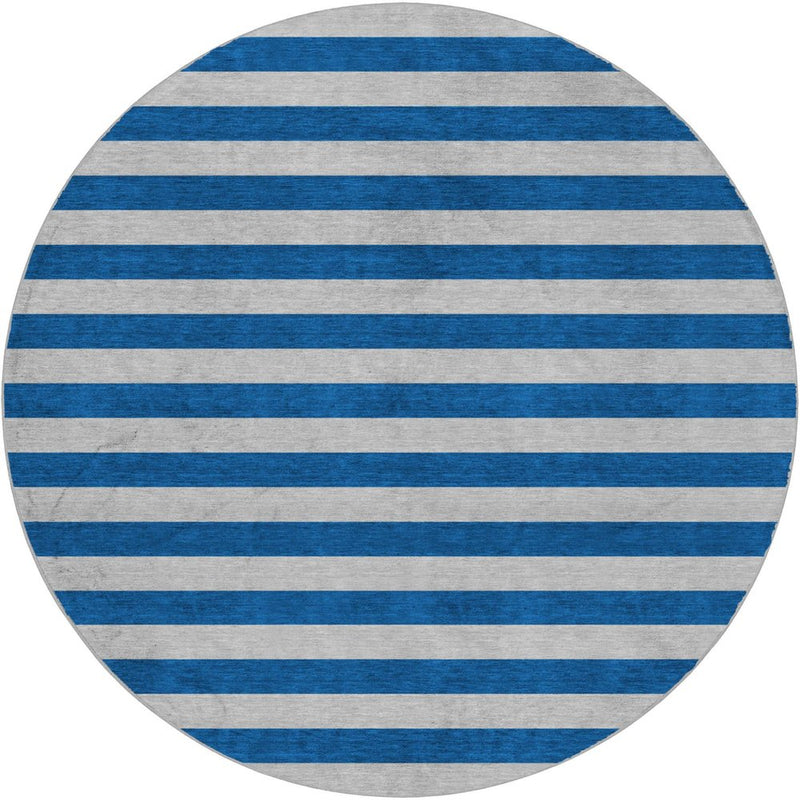 8' Blue And Gray Striped Shag Washable Round Rug With UV Protection