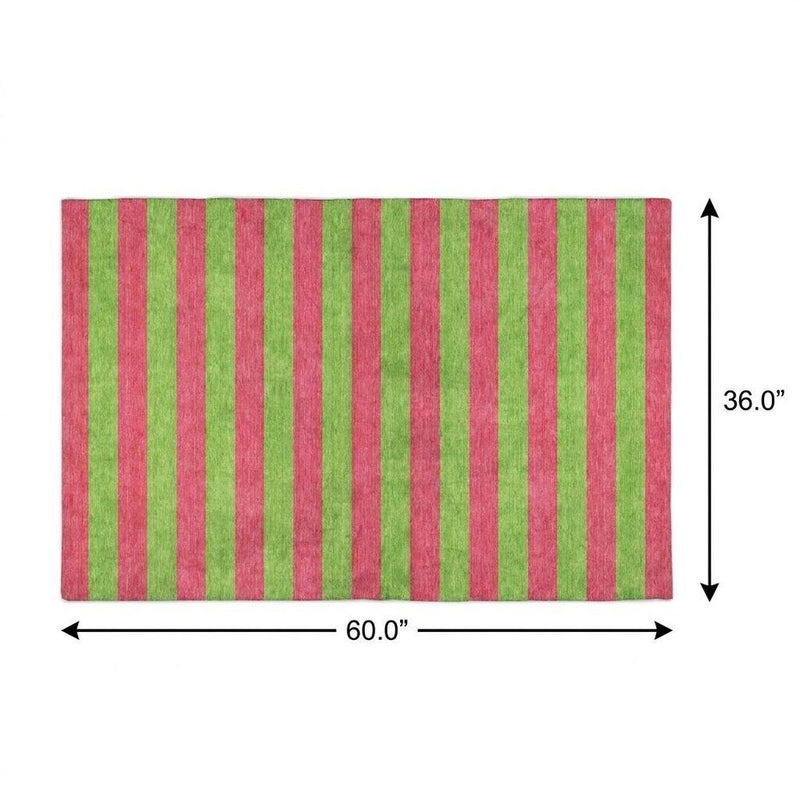 3' X 5' Blush And Green Striped Shag Washable Area Rug With UV Protection