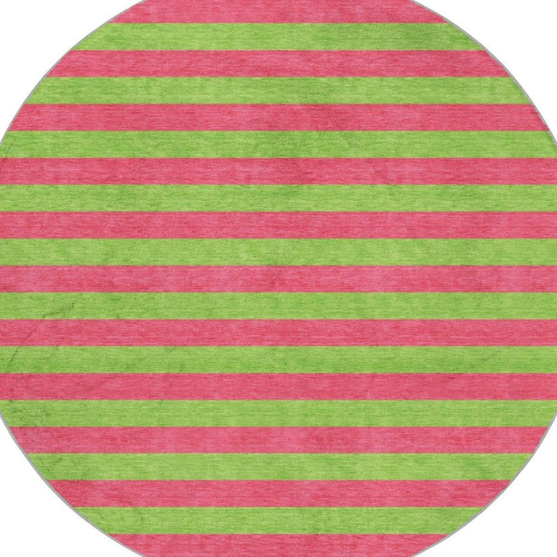 8' Blush And Green Striped Shag Washable Round Rug With UV Protection