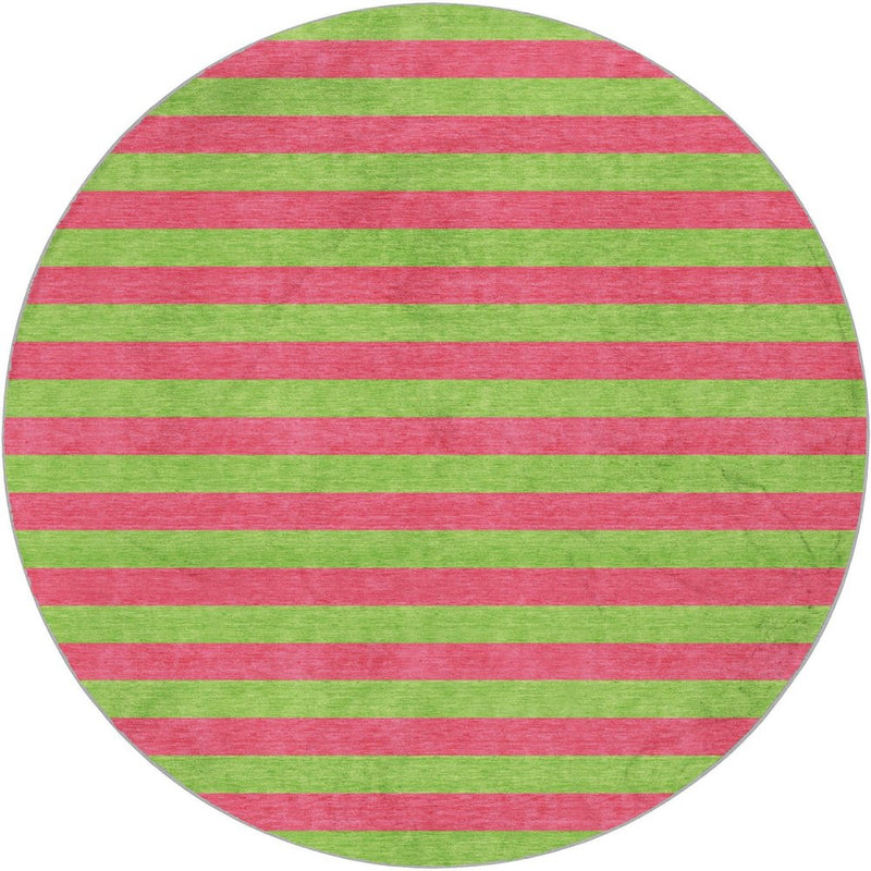 8' Blush And Green Striped Shag Washable Round Rug With UV Protection
