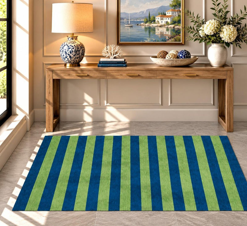 3' X 5' Navy Blue And Green Striped Shag Washable Area Rug With UV Protection