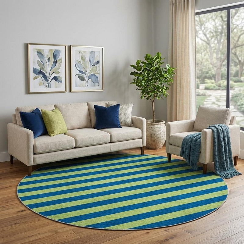 8' Navy Blue And Green Striped Shag Washable Round Rug With UV Protection