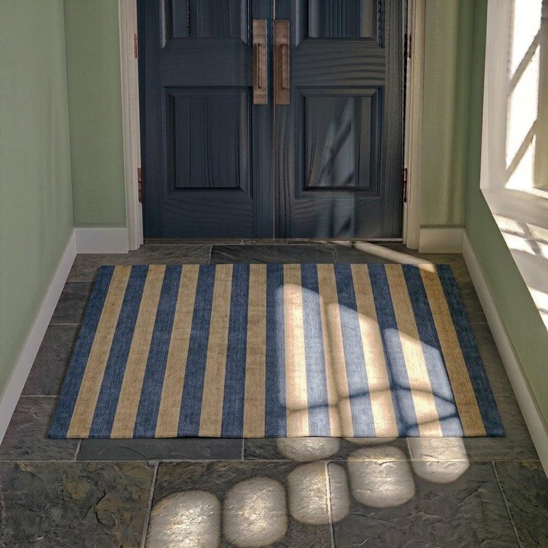 3' X 5' Tan And Navy Blue Striped Shag Washable Area Rug With UV Protection