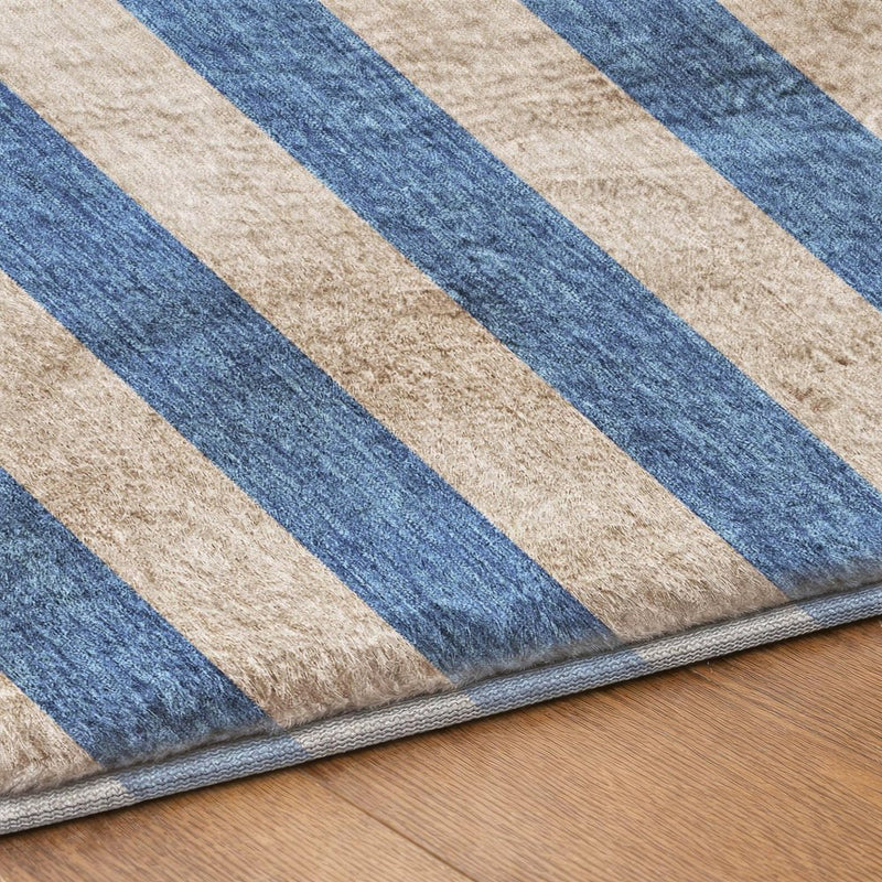 10' X 14' Tan And Navy Blue Striped Shag Washable Area Rug With UV Protection