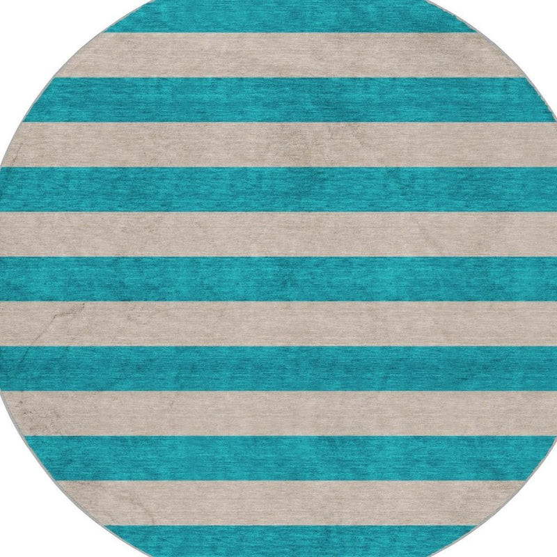 8' Turquoise And Ivory Striped Shag Washable Round Rug With UV Protection