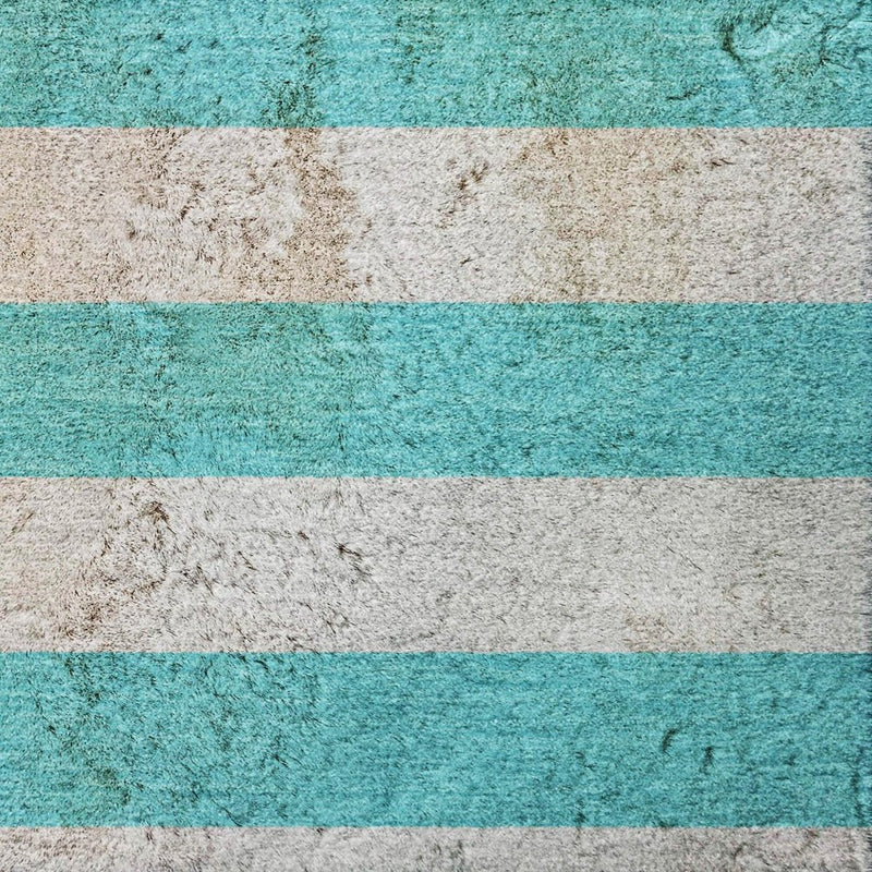 8' Turquoise And Ivory Striped Shag Washable Round Rug With UV Protection