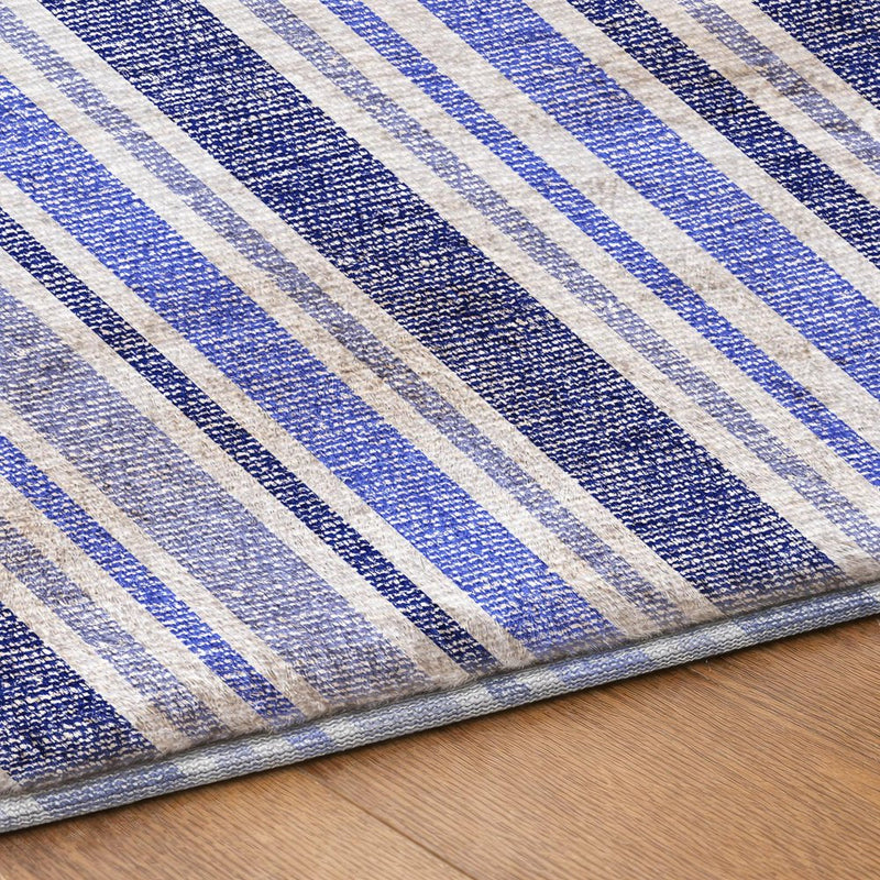 3' X 5' Blue And Ivory Striped Shag Washable Area Rug With UV Protection