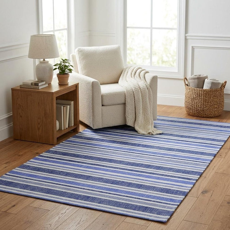 5' X 8' Blue And Ivory Striped Shag Washable Area Rug With UV Protection