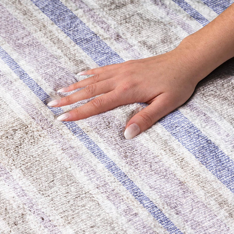 10' X 14' Navy Blue And Taupe Striped Shag Washable Area Rug With UV Protection