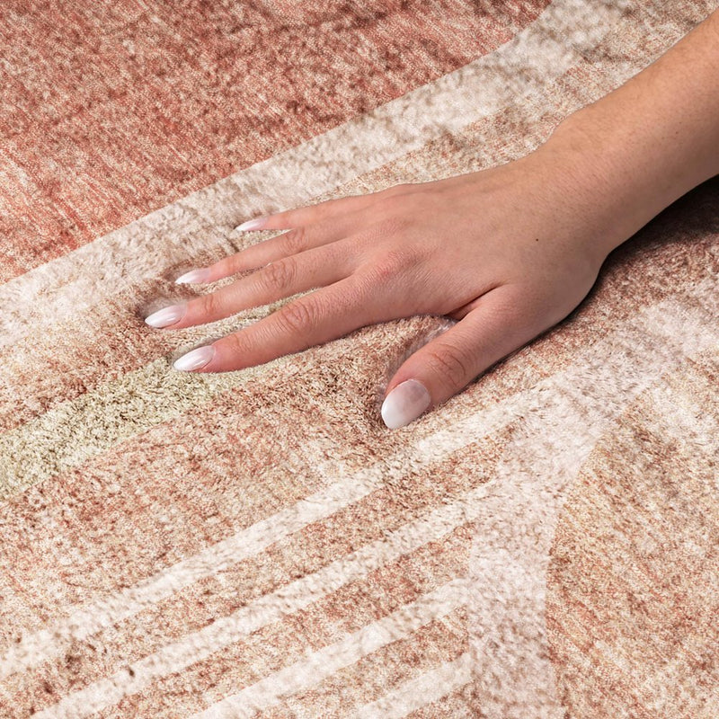 8' Salmon And Beige Geometric Shag Washable Round Rug With UV Protection