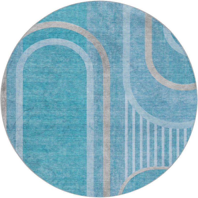 8' Teal And Denim Blue Geometric Shag Washable Round Rug With UV Protection