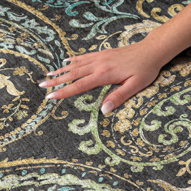 5' X 8' Black And Teal Paisley Shag Washable Area Rug With UV Protection