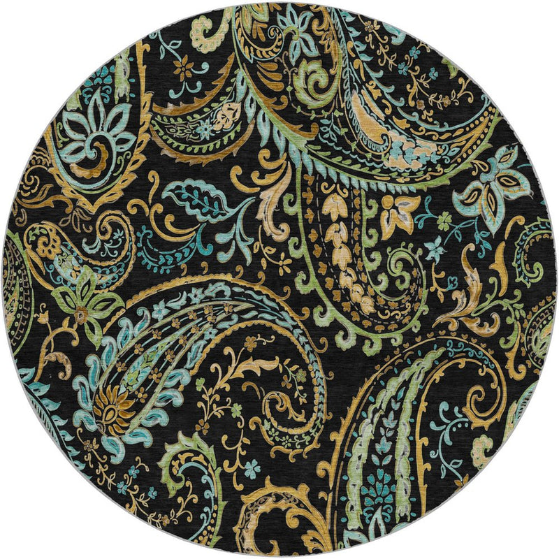 8' Black And Teal Paisley Shag Washable Round Rug With UV Protection