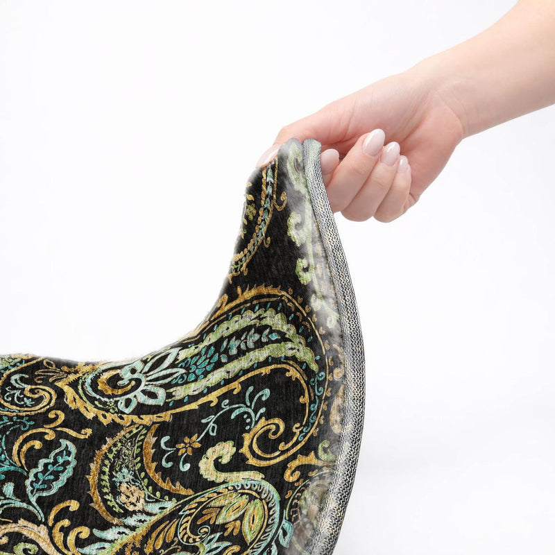 8' Black And Teal Paisley Shag Washable Round Rug With UV Protection