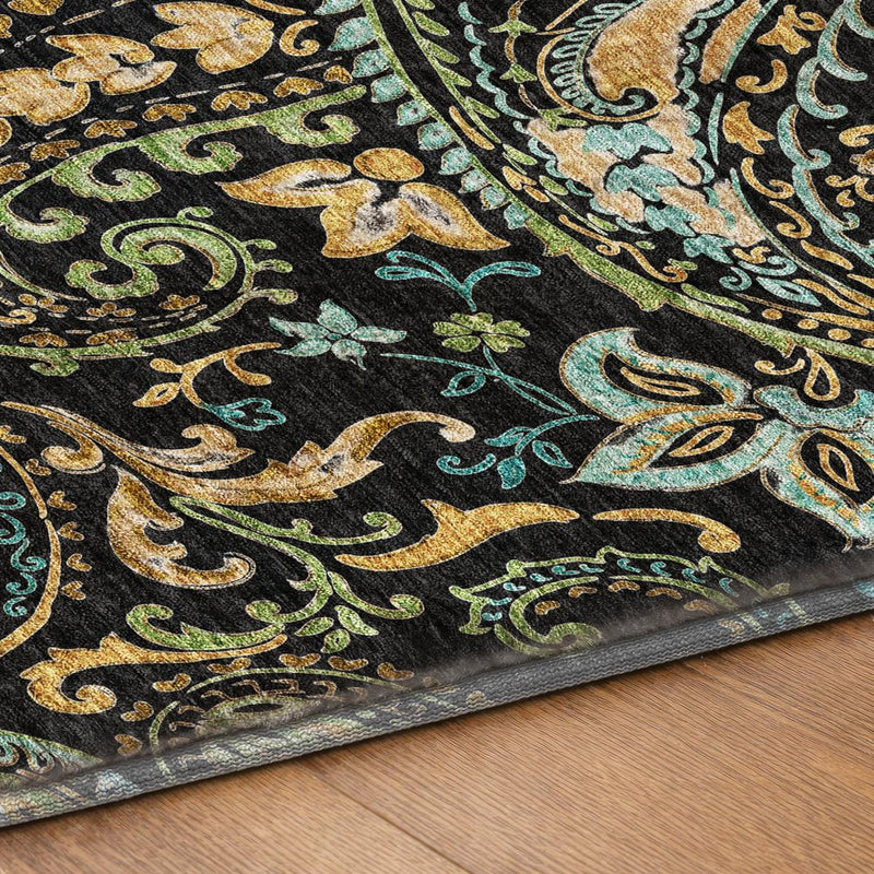 8' Black And Teal Paisley Shag Washable Round Rug With UV Protection