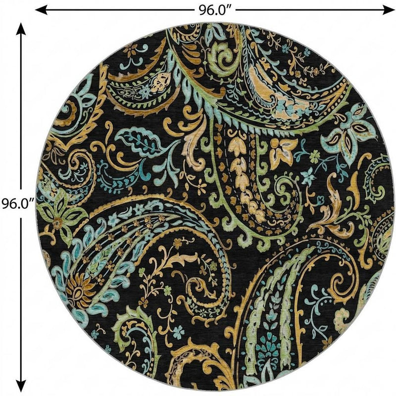 8' Black And Teal Paisley Shag Washable Round Rug With UV Protection