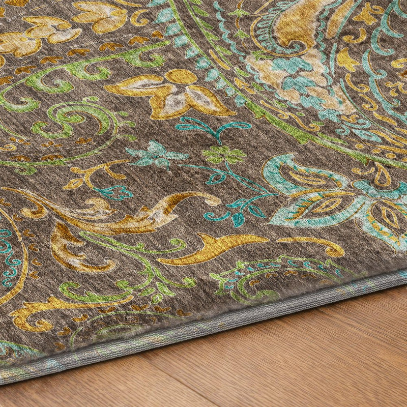 3' X 5' Chocolate And Teal Paisley Shag Washable Area Rug With UV Protection