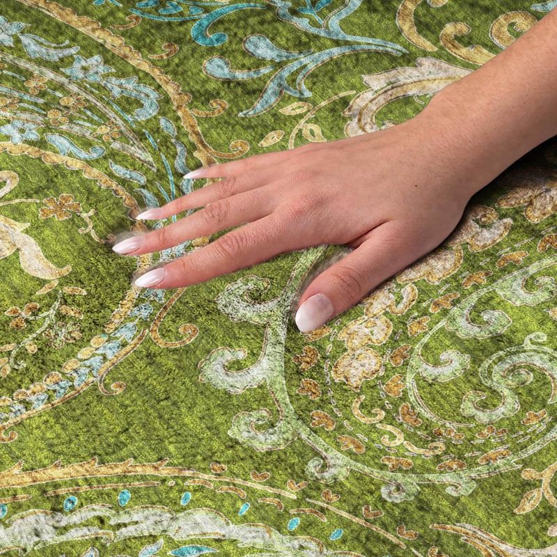 5' X 8' Green And Teal Paisley Shag Washable Area Rug With UV Protection
