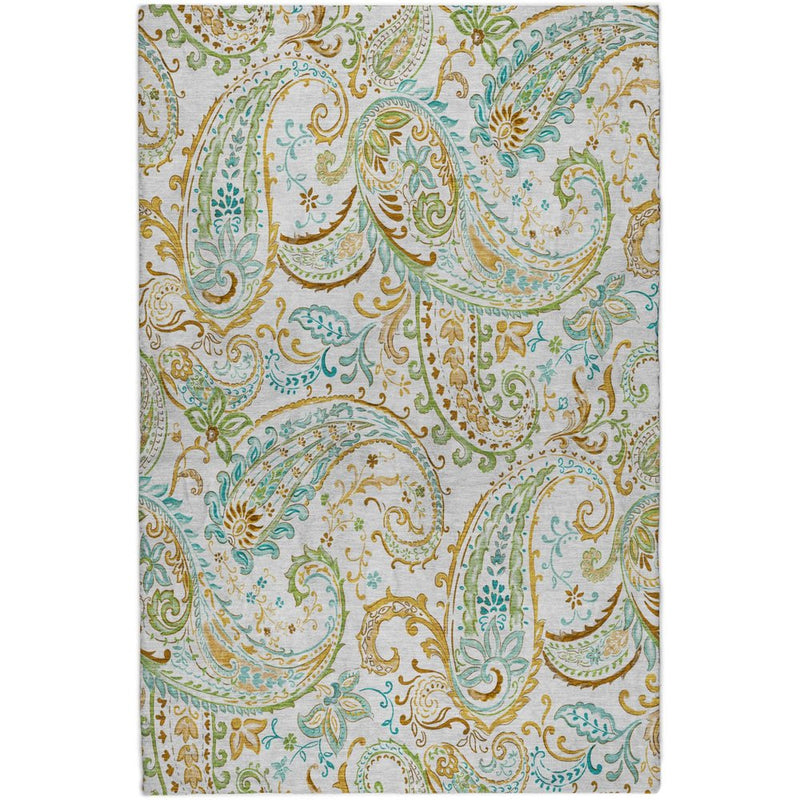 5' X 8' Ivory And Teal Paisley Shag Washable Area Rug With UV Protection