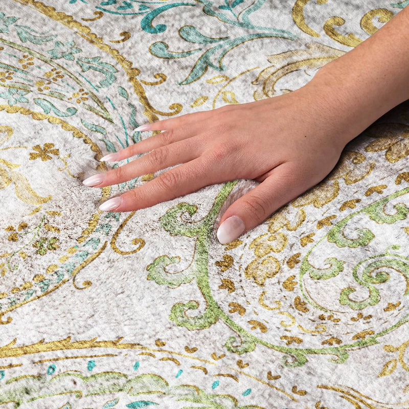 5' X 8' Ivory And Teal Paisley Shag Washable Area Rug With UV Protection
