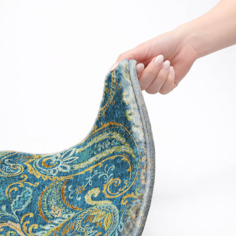 8' Navy Blue And Teal Paisley Shag Washable Round Rug With UV Protection