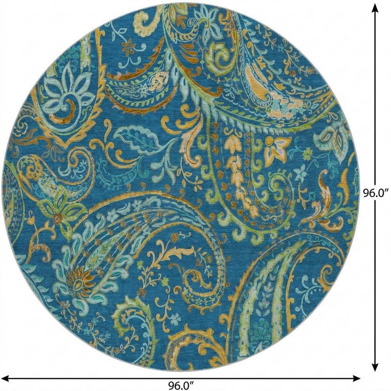 8' Navy Blue And Teal Paisley Shag Washable Round Rug With UV Protection