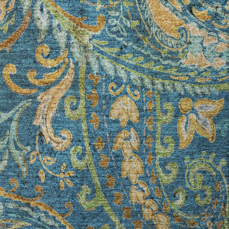 8' X 10' Navy Blue And Teal Paisley Shag Washable Area Rug With UV Protection