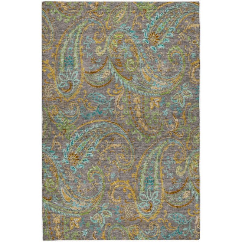 5' X 8' Taupe And Teal Paisley Shag Washable Area Rug With UV Protection