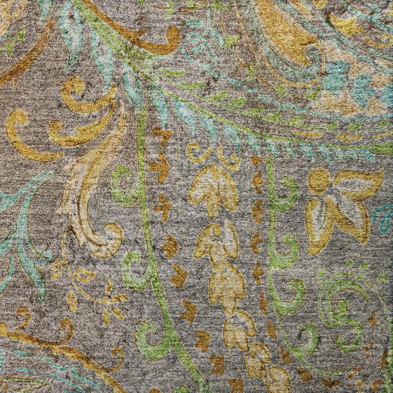 5' X 8' Taupe And Teal Paisley Shag Washable Area Rug With UV Protection