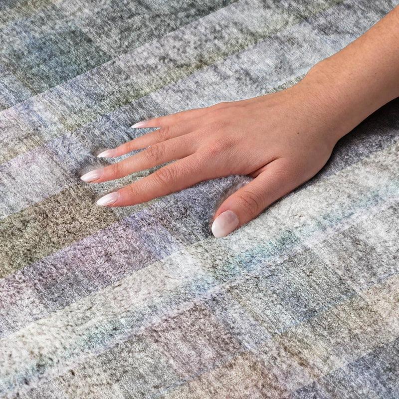 5' X 8' Green And Blue Plaid Shag Washable Area Rug With UV Protection