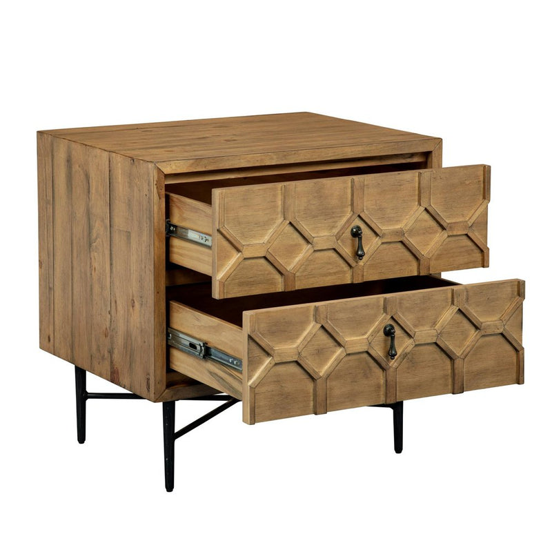 26" Natural Iron and Solid Wood Distressed Carved Geometric Two Drawer Nightstand