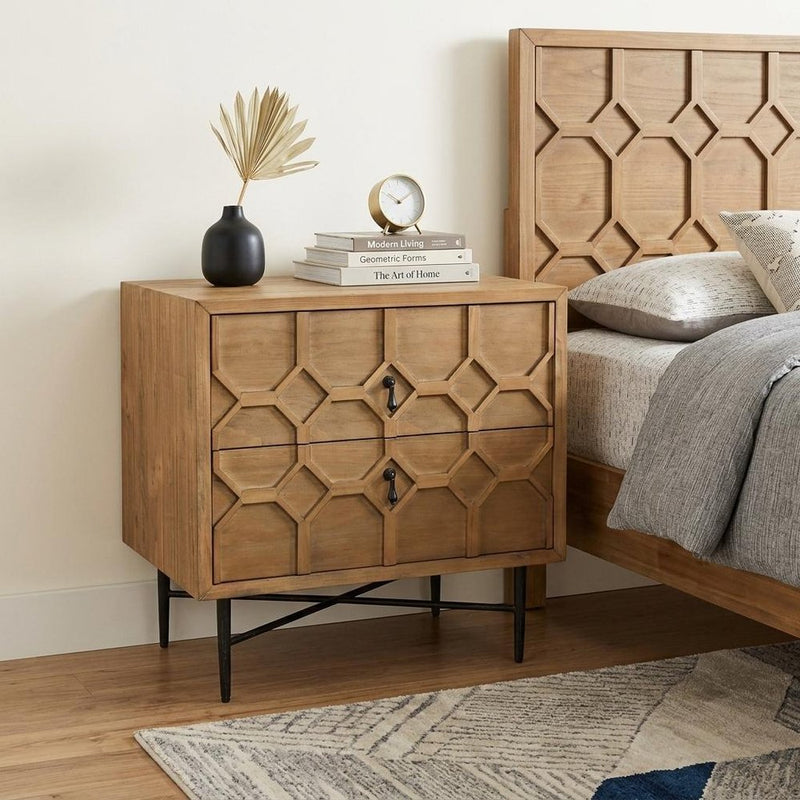 26" Natural Iron and Solid Wood Distressed Carved Geometric Two Drawer Nightstand