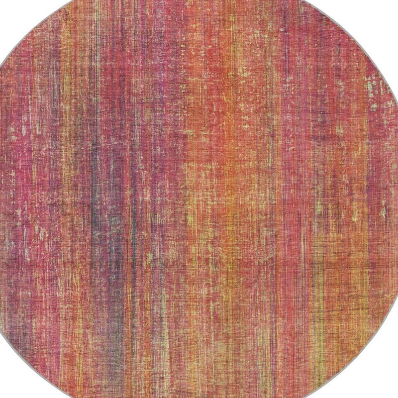 8' Red And Gold Striped Shag Washable Round Rug With UV Protection