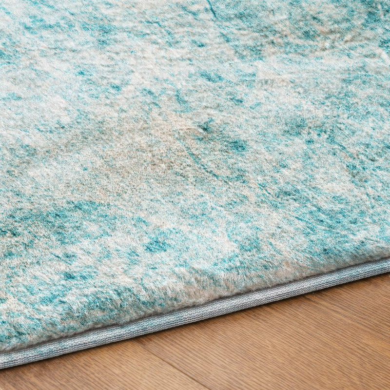 8' Teal And Ivory Abstract Shag Washable Round Rug With UV Protection
