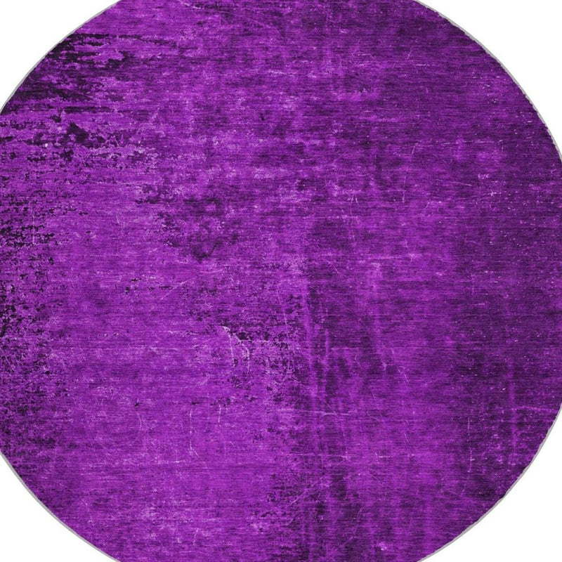 8' Purple And Charcoal Abstract Shag Washable Round Rug With UV Protection