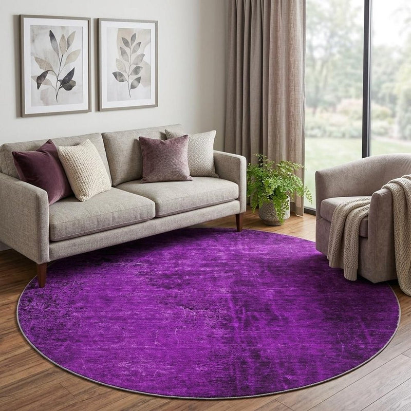8' Purple And Charcoal Abstract Shag Washable Round Rug With UV Protection