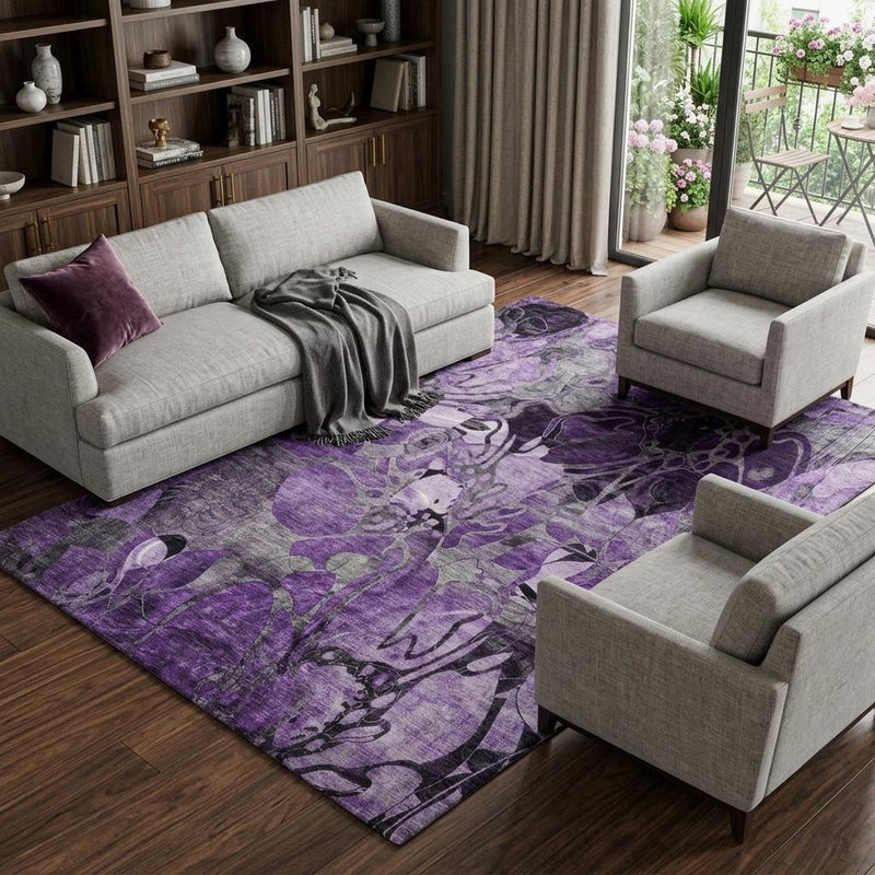 8' X 10' Purple And Gray Floral Shag Washable Area Rug With UV Protection