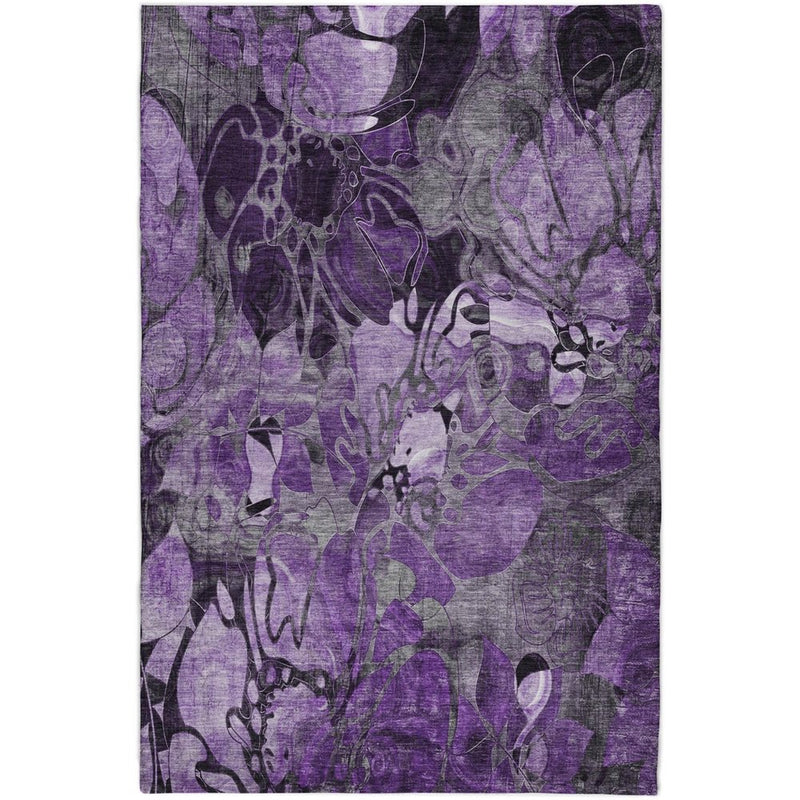 8' X 10' Purple And Gray Floral Shag Washable Area Rug With UV Protection