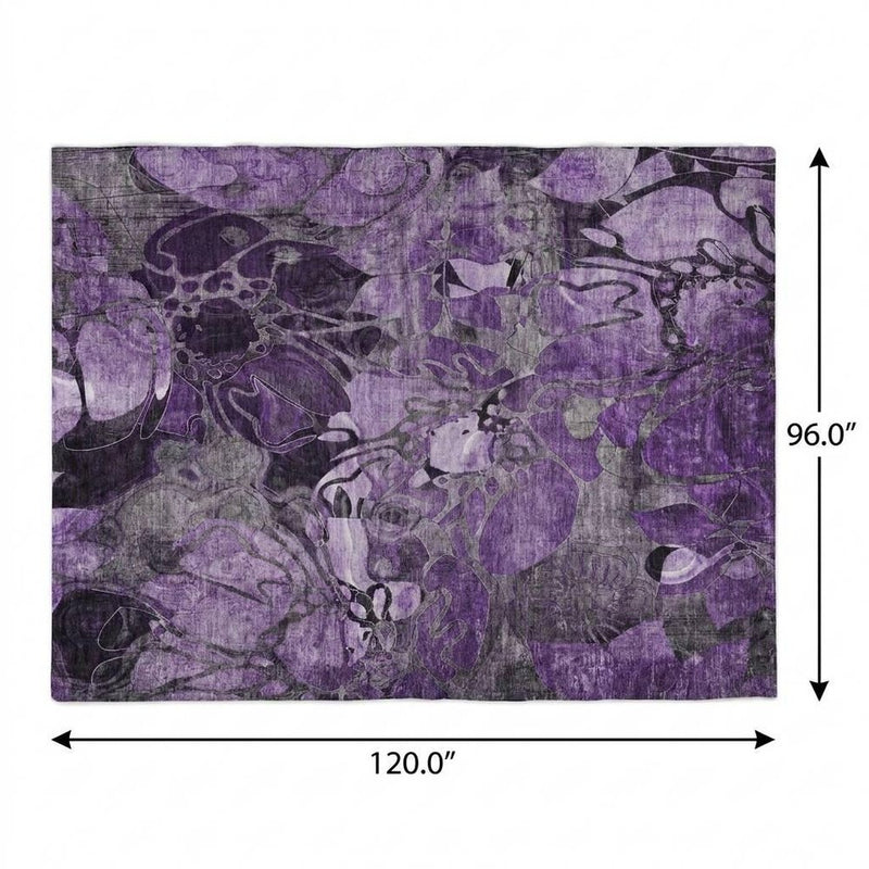 8' X 10' Purple And Gray Floral Shag Washable Area Rug With UV Protection