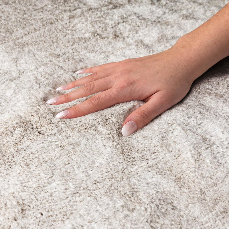 8' Ivory And Gray Abstract Shag Washable Round Rug With UV Protection