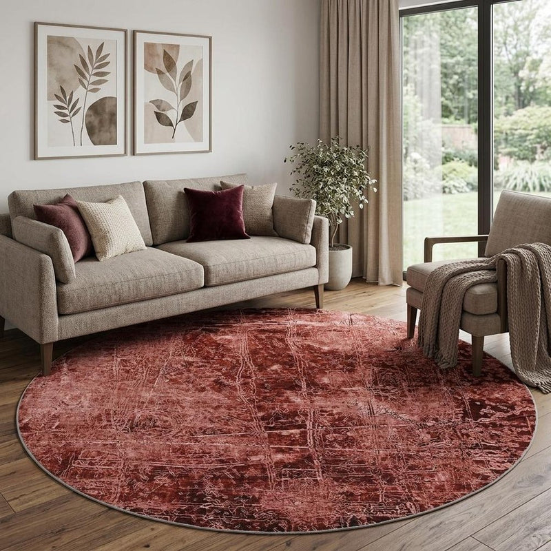 8' Merlot And Charcoal Abstract Shag Washable Round Rug With UV Protection