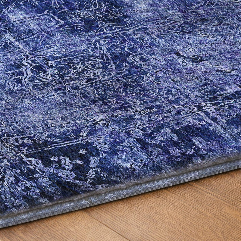9' X 12' Navy Blue And Ivory Abstract Shag Washable Area Rug With UV Protection