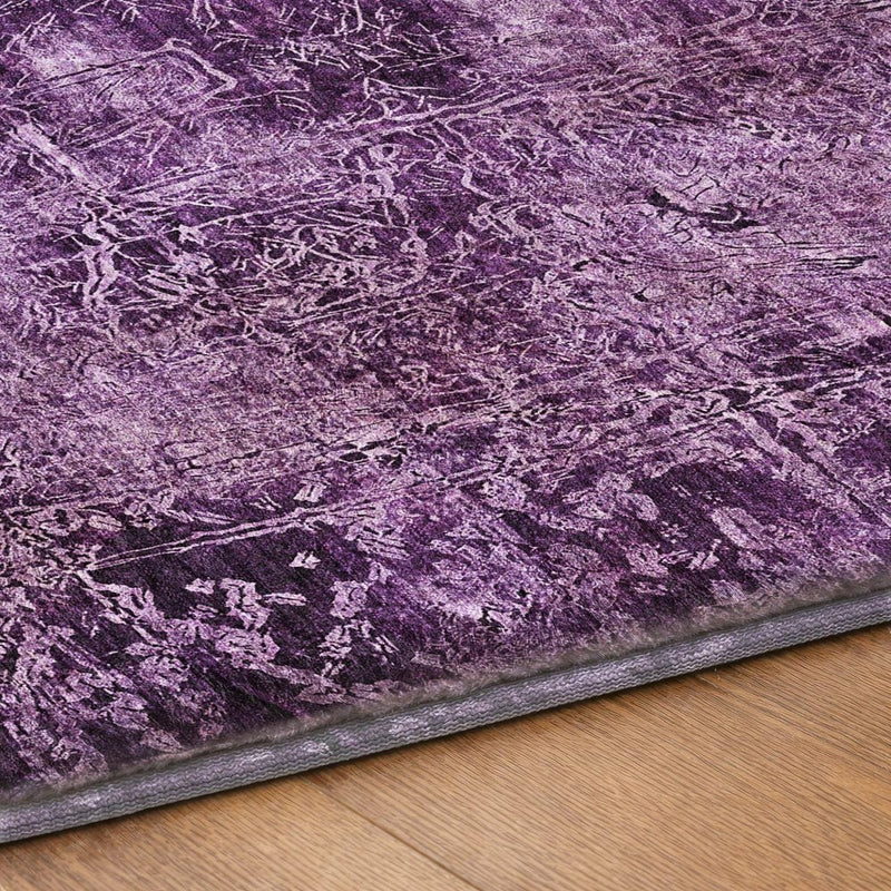 8' Purple And Charcoal Abstract Shag Washable Round Rug With UV Protection