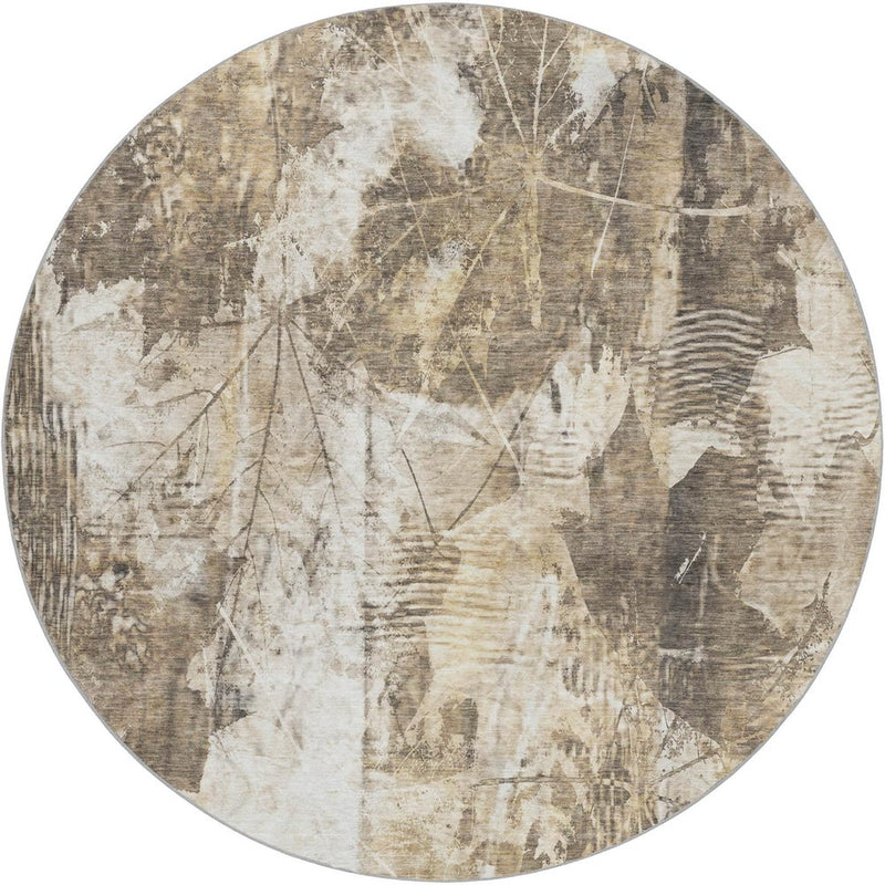 8' Beige And Ivory Floral Shag Washable Round Rug With UV Protection