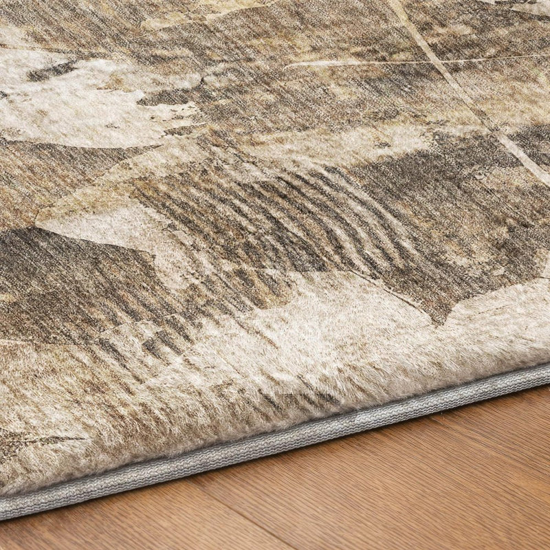 8' Beige And Ivory Floral Shag Washable Round Rug With UV Protection