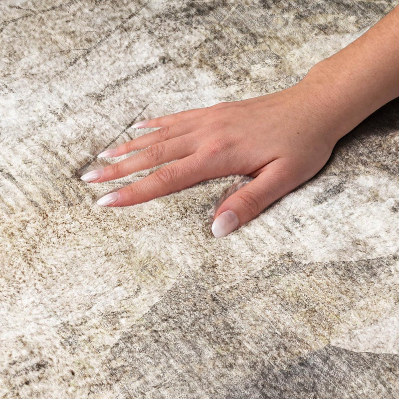 8' Beige And Ivory Floral Shag Washable Round Rug With UV Protection