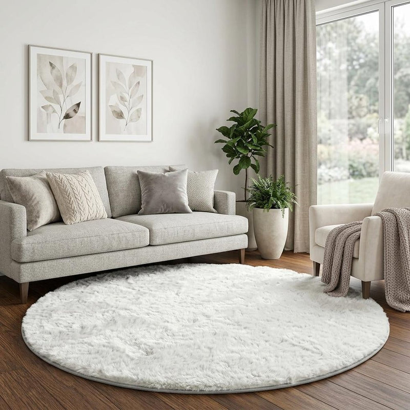 8' Beige And Ivory Floral Shag Washable Round Rug With UV Protection