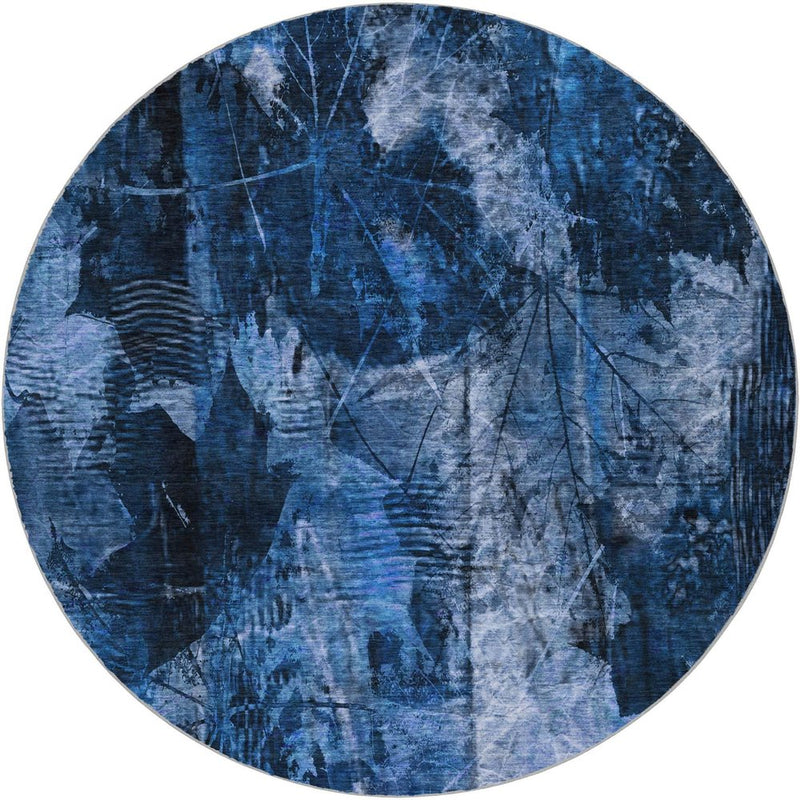 8' Navy Blue And Ivory Floral Shag Washable Round Rug With UV Protection