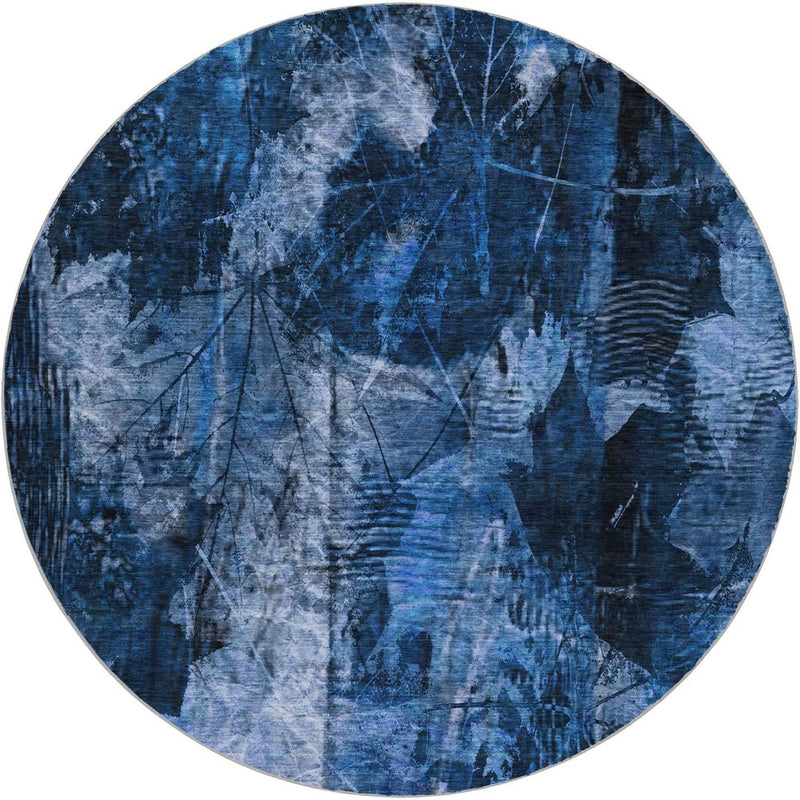 8' Navy Blue And Ivory Floral Shag Washable Round Rug With UV Protection
